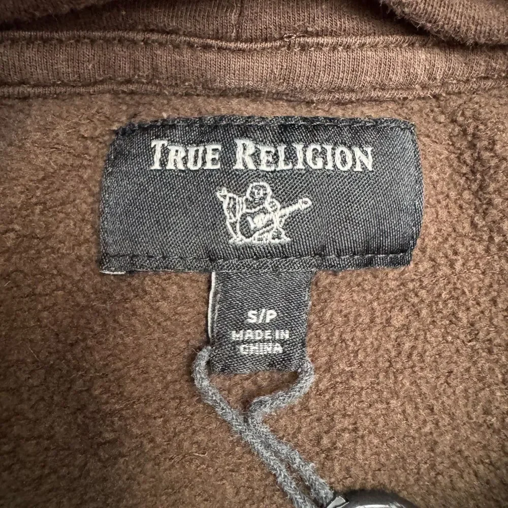 True Religion Hoodie Pullover Sweatshirt Men Small Brown Embroidered Logo Fleece